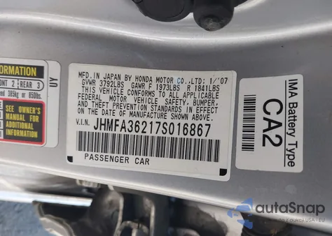 2007 Honda Civic Hybrid z USA, uszkodzony, nr VIN JHMFA36217S016867